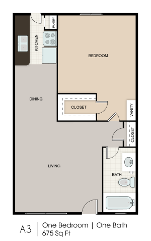 Floor plan for 1 bed, 1 bath, 675 sqft